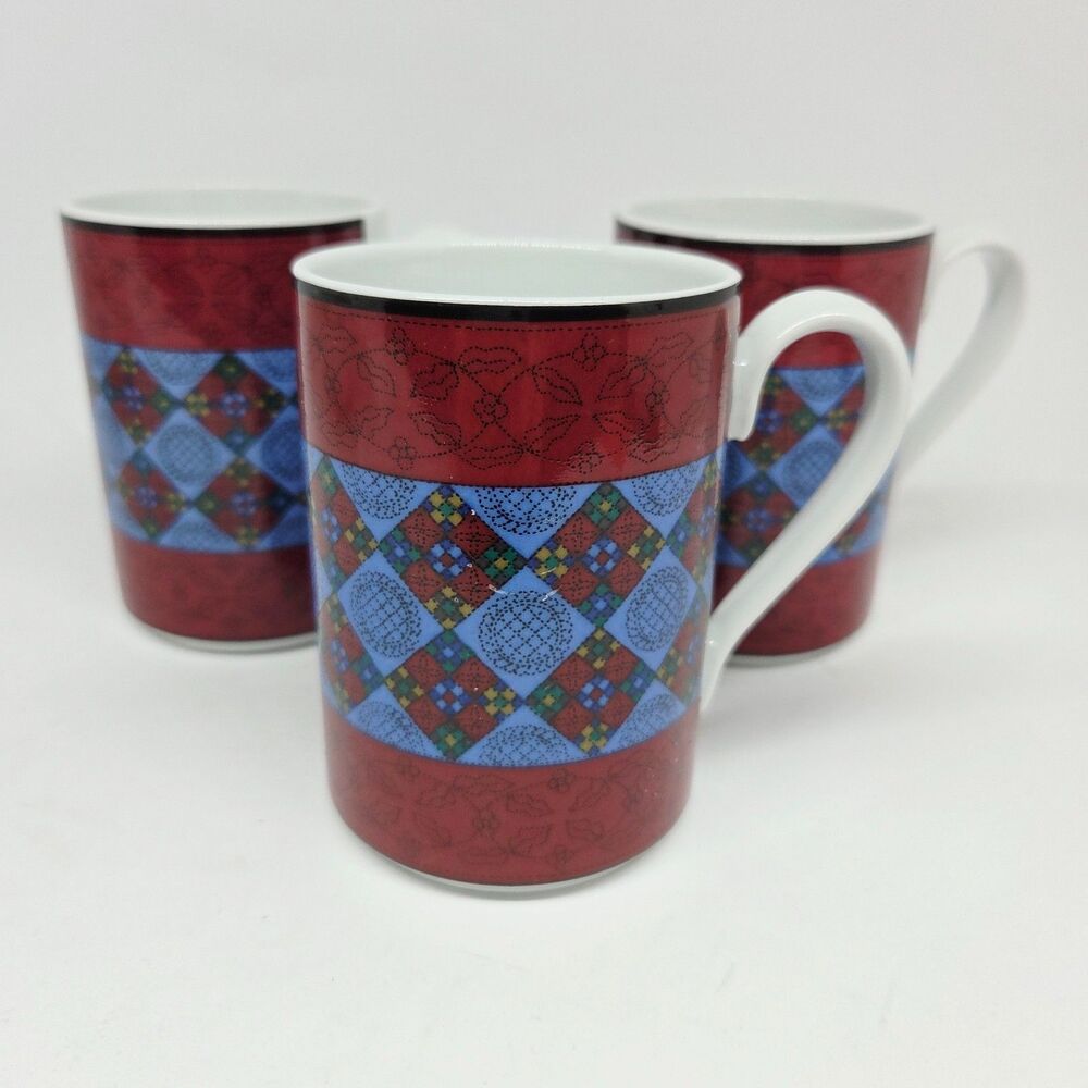 Dansk Quiltings RUBY FLOWERS" Set Of 3 Red And Blue 4"Tall Mugs VGC